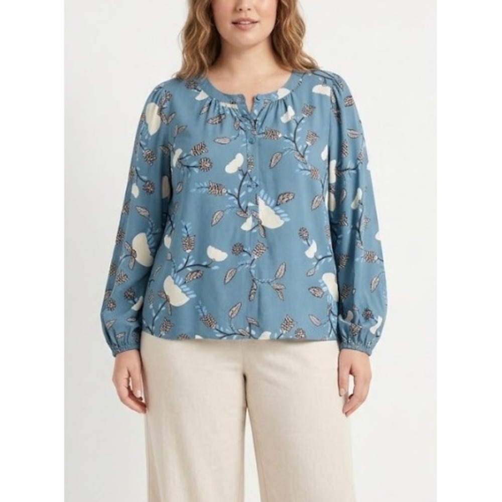 LOFT Floral Blouse XL Blue Long Sleeve Button Front Rayon Casual Popover